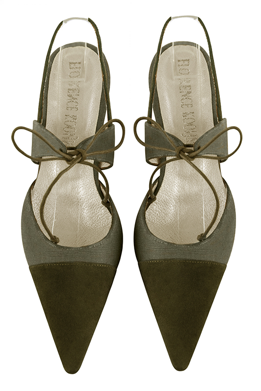 Khaki green women's open back shoes, with an instep strap. Pointed toe. Low comma heels. Top view - Florence KOOIJMAN